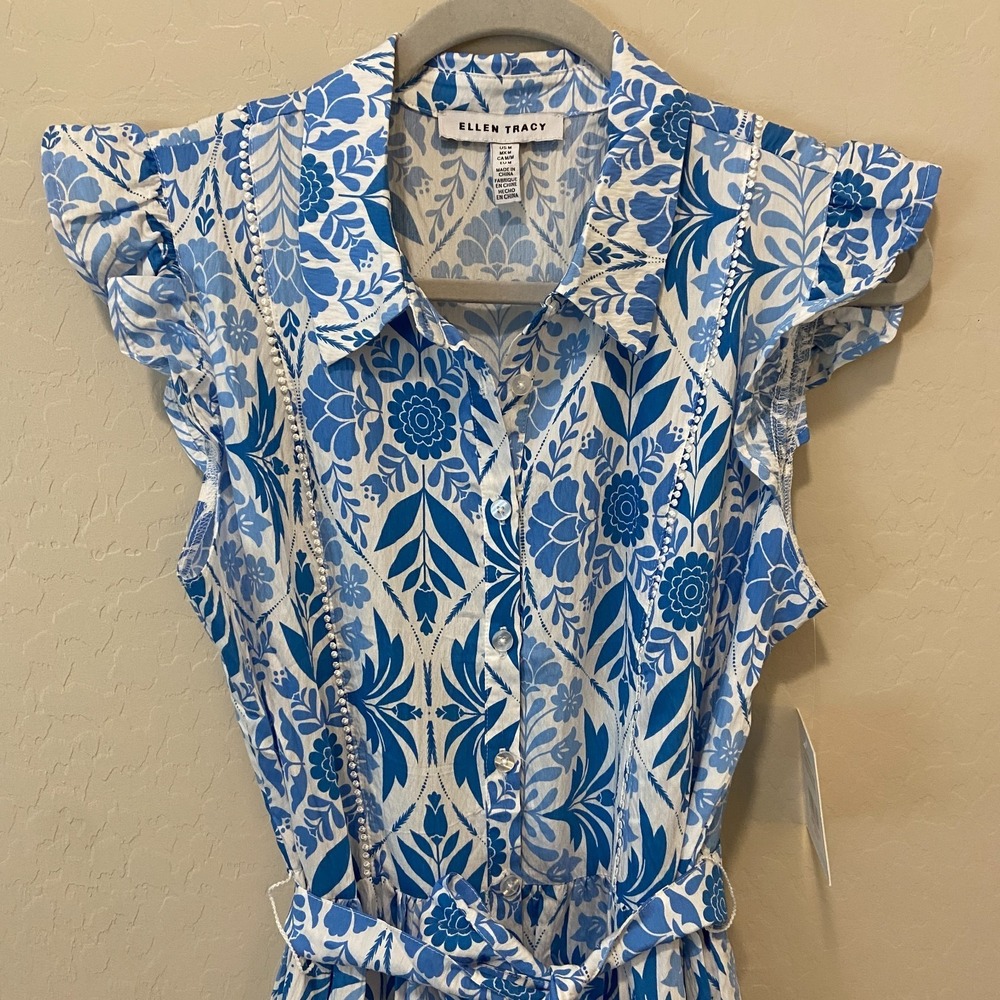 NWT Ellen Tracy Blue Vintage Floral Fit & Flare Dress Cap Sleeve Button Front M - Picture 4 of 16